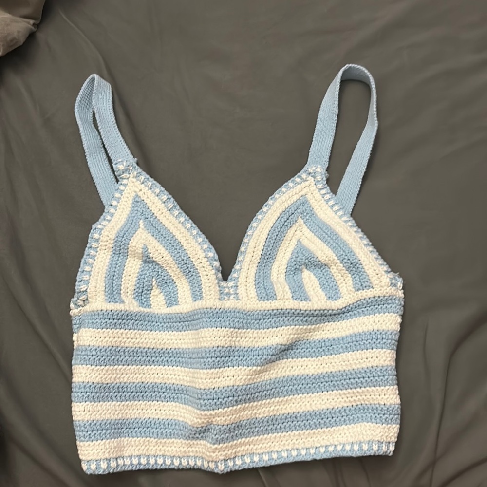 light blue and white crochet tank